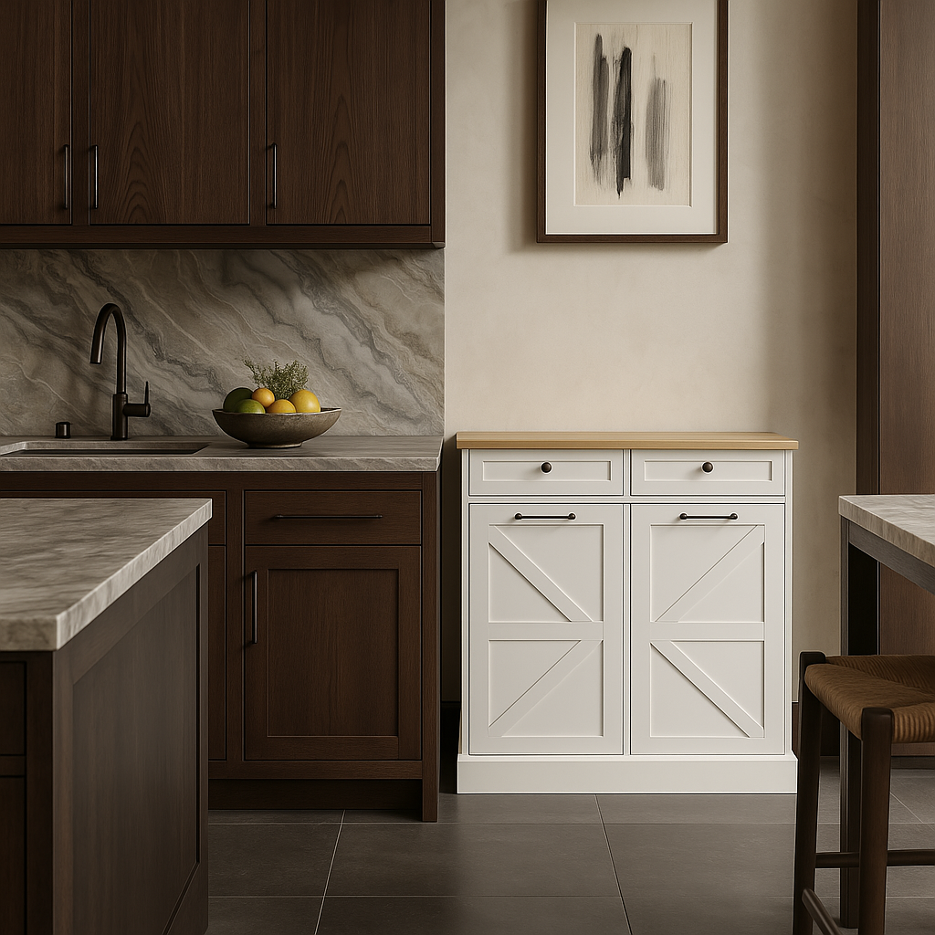 LORDEAR MDF Pantry Cabinet with Drawers and Tilt-Out Trash Bin in White