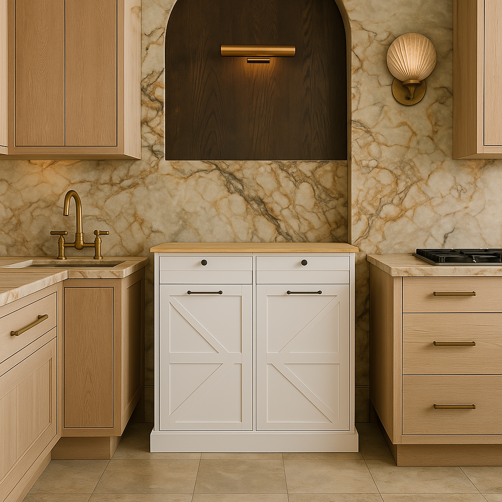 LORDEAR MDF Pantry Cabinet with Drawers and Tilt-Out Trash Bin in White