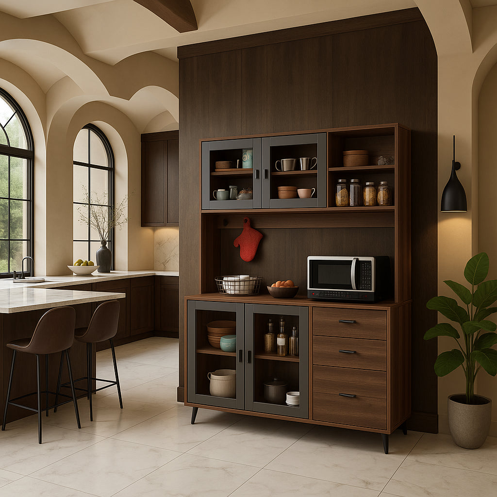 FUFU&GAGA Brown Pantry Kitchen Cabinet Buffet with Hutch, 4-Drawers, Glass Doors