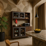 FUFU&GAGA Brown Pantry Kitchen Cabinet Buffet with Hutch, 4-Drawers, Glass Doors