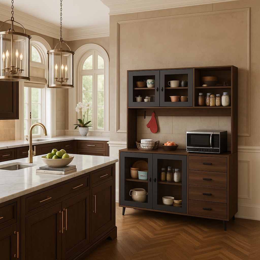 FUFU&GAGA Brown Pantry Kitchen Cabinet Buffet with Hutch, 4-Drawers, Glass Doors