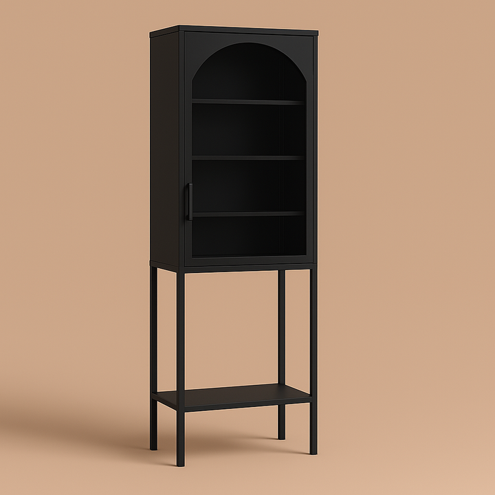 FUNKOL Black Metal Storage Cabinet with Glass Doors and Adjustable Shelves