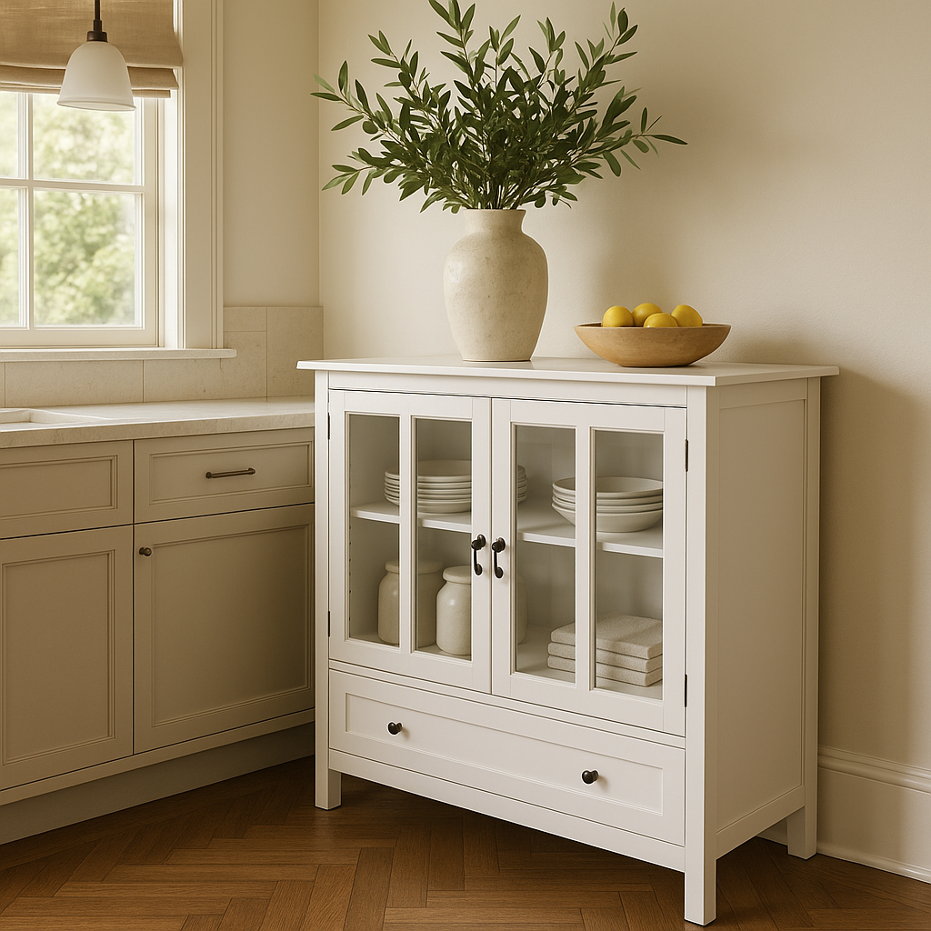 Tileon White MDF Cabinet with Glass Doors - 41.34" W x 15.55" D x 35.43" H
