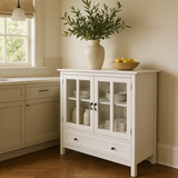 Tileon White MDF Cabinet with Glass Doors - 41.34" W x 15.55" D x 35.43" H