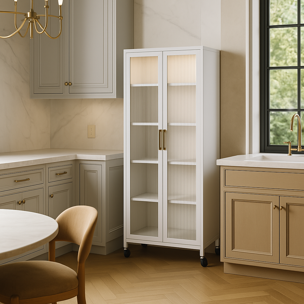Adrinfly White Metal Kitchen Cabinet with Wheels - 23.6" W x 15.7" D x 65.2" H