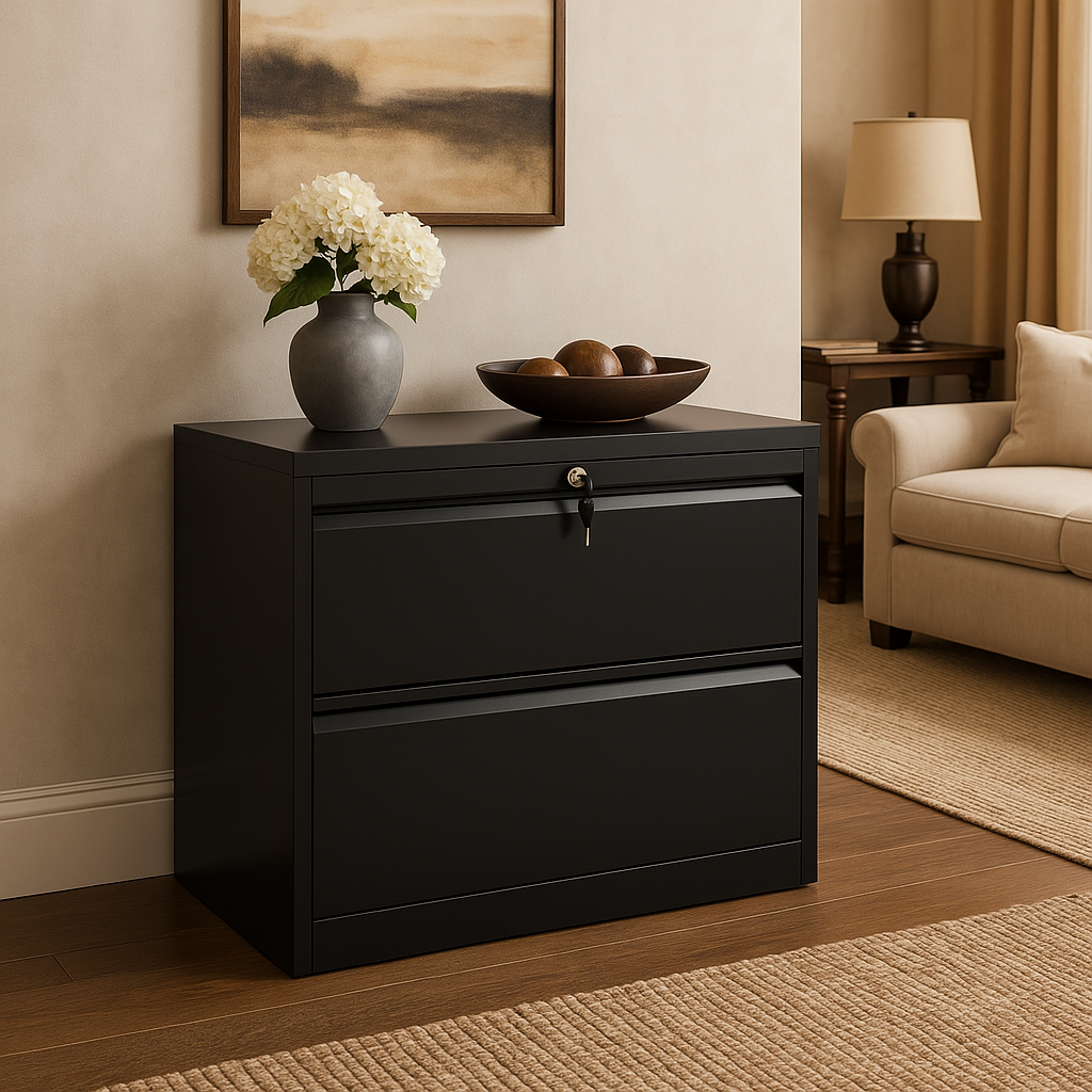 Unbranded Wide Lateral File Cabinet with 2 Drawers, Black