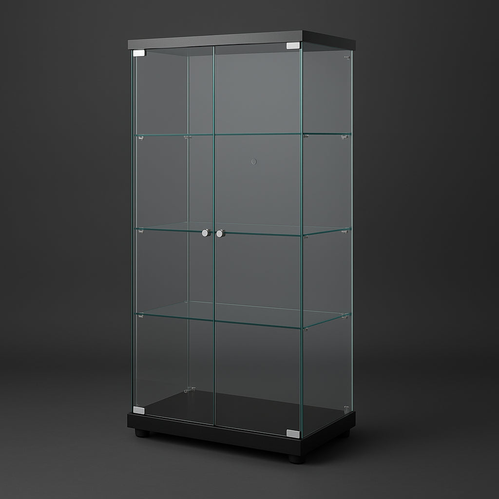FUNKOL 4-Shelf Wooden Base Display Cabinet with Glass Doors, Black