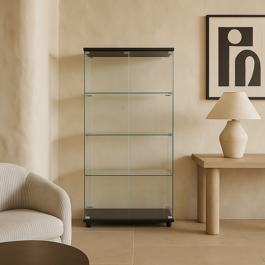 FUNKOL 4-Shelf Wooden Base Display Cabinet with Glass Doors, Black