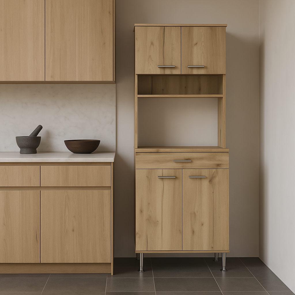 FUNKOL Beige Pantry Cabinet with Shelves and Drawer - 23.6" W x 13.7" D x 66.5" H