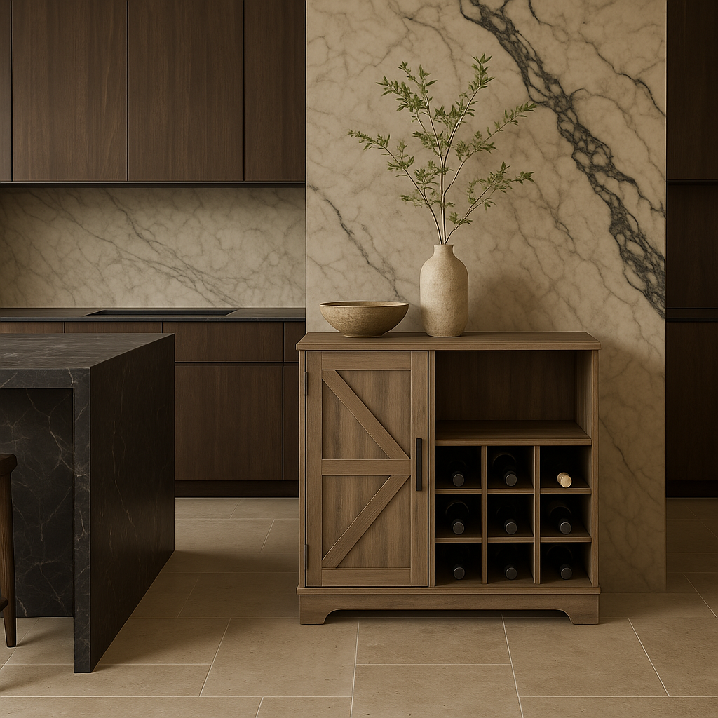 FUNKOL Gray MDF Kitchen Cabinet with 2 Drawers, 1 Door, and 12 Wine Racks