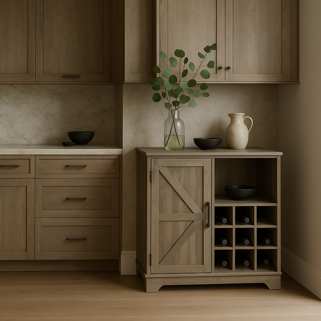 FUNKOL Gray MDF Kitchen Cabinet with 2 Drawers, 1 Door, and 12 Wine Racks