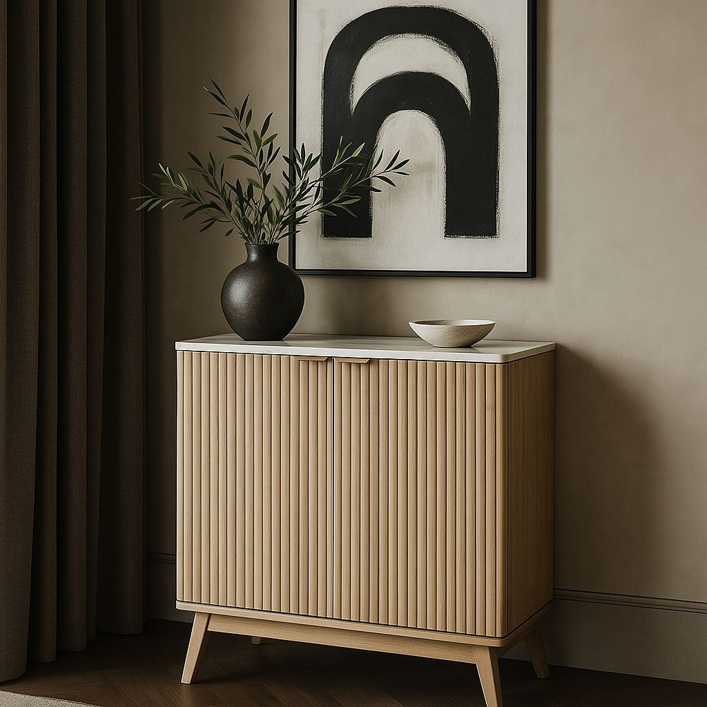 QueenFun Cabinson Natural Oak Pantry Sideboard Buffet Cabinet with Faux Stone Top