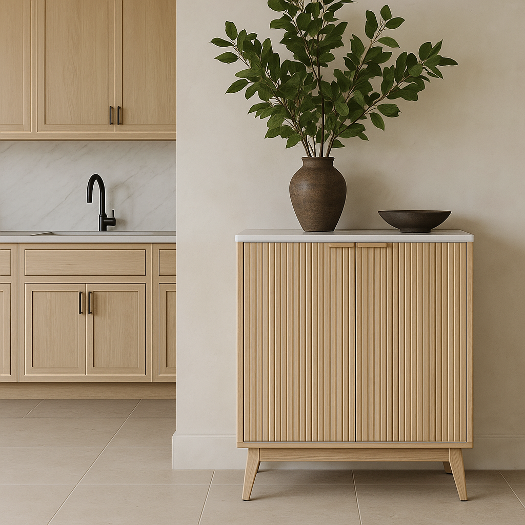 QueenFun Cabinson Natural Oak Pantry Sideboard Buffet Cabinet with Faux Stone Top