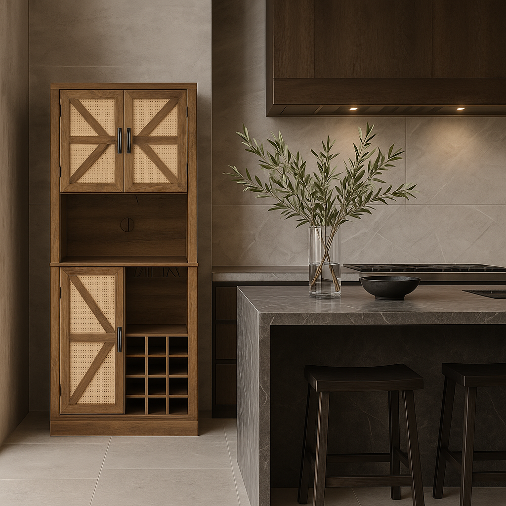 FUNKOL Oak Wooden Wicker Wine Cabinet with Microwave Shelf and Wine Rack