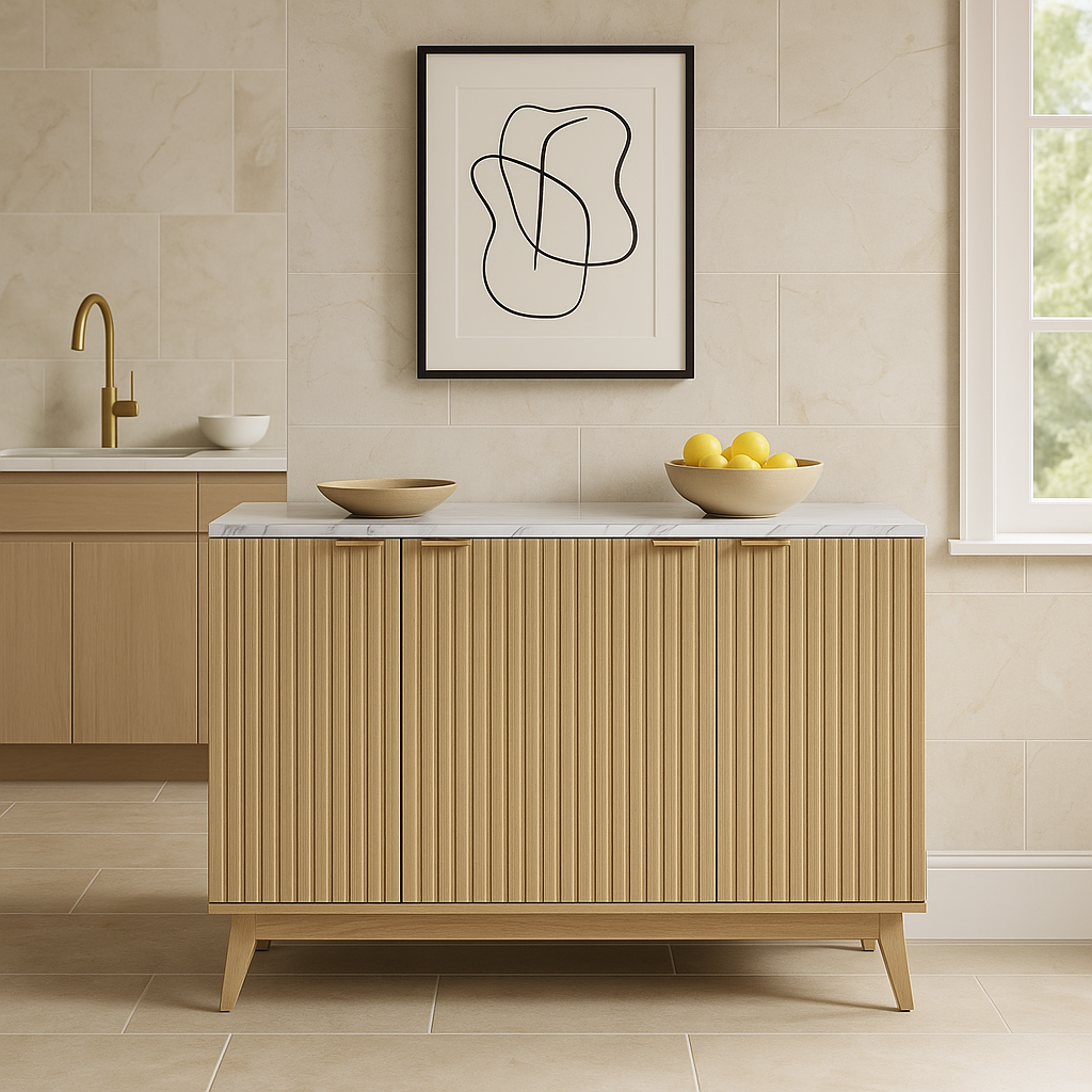 QueenFun Cabinson Natural Oak Sideboard Buffet Cabinet with Faux Stone Finish Top & 4 Doors