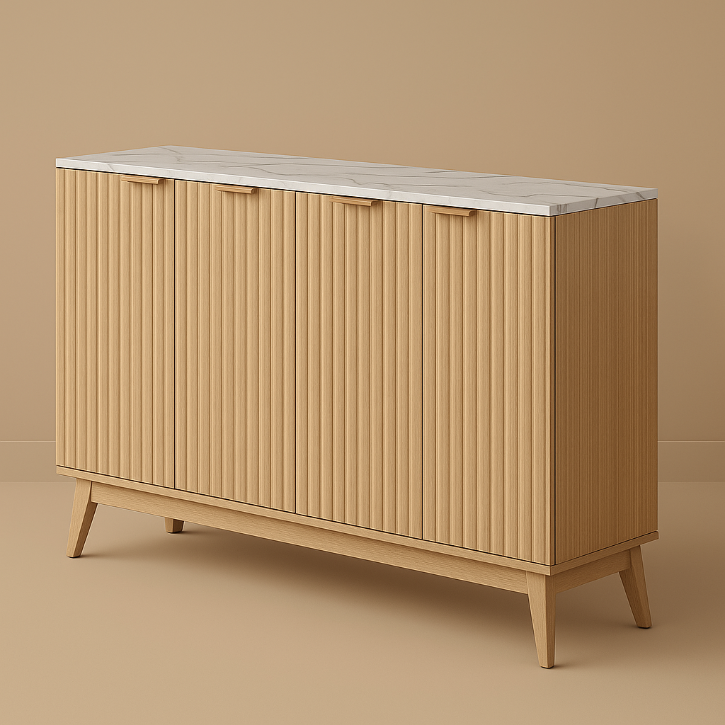 QueenFun Cabinson Natural Oak Sideboard Buffet Cabinet with Faux Stone Finish Top & 4 Doors