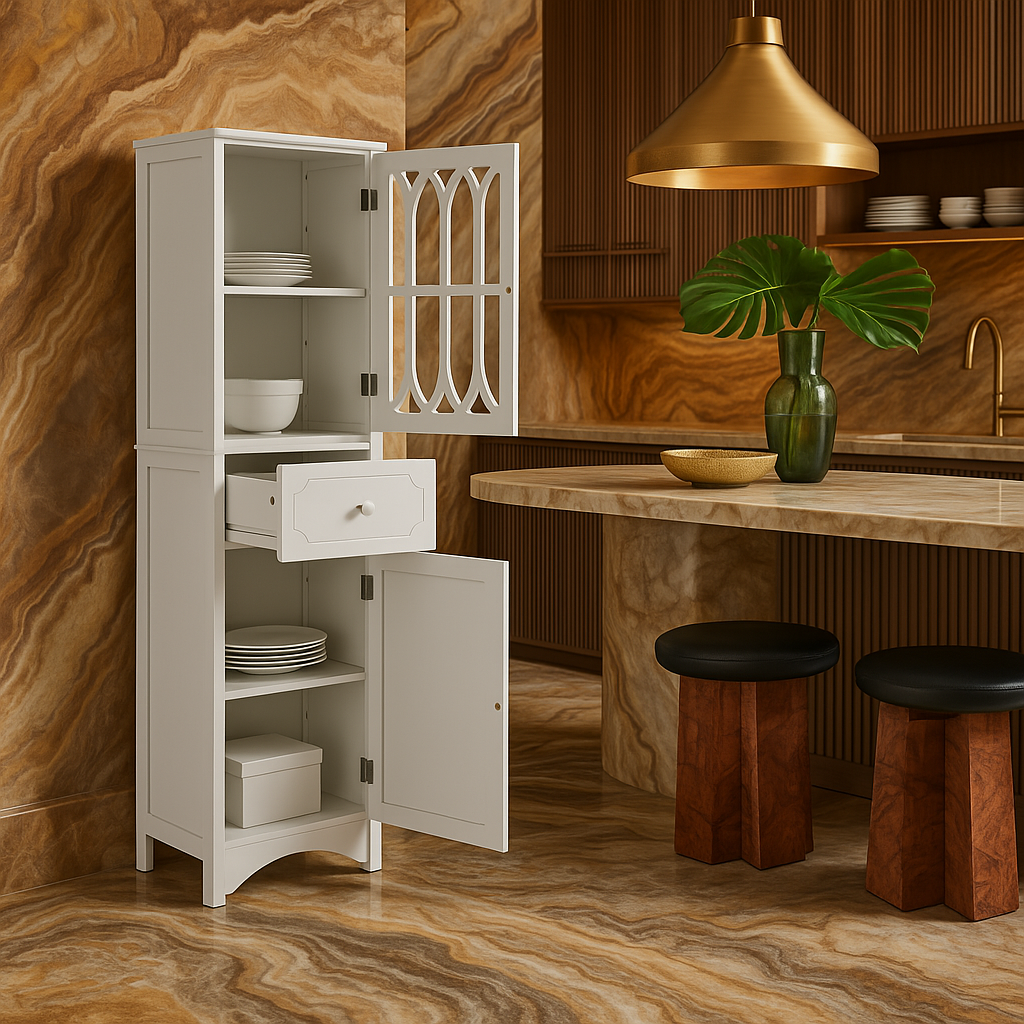 FUNKOL White Floor Base Kitchen Cabinet with 2 Doors and 1 Drawer