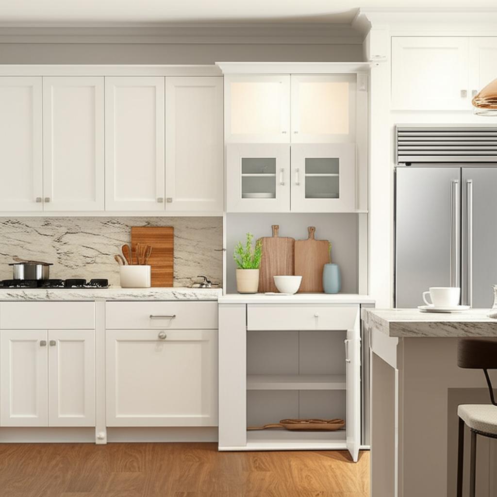 FUNKOL Ready to Assemble Pantry Cabinet with Shelves and Drawer, White