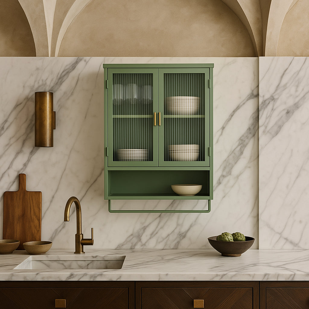Aoibox Green Iron Wall Cabinet with Glass Doors and Towel Rack
