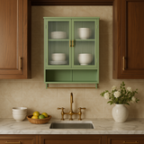 Aoibox Green Iron Wall Cabinet with Glass Doors and Towel Rack