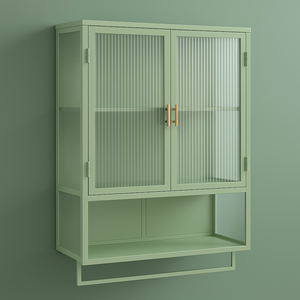 Aoibox Green Iron Wall Cabinet with Glass Doors and Towel Rack