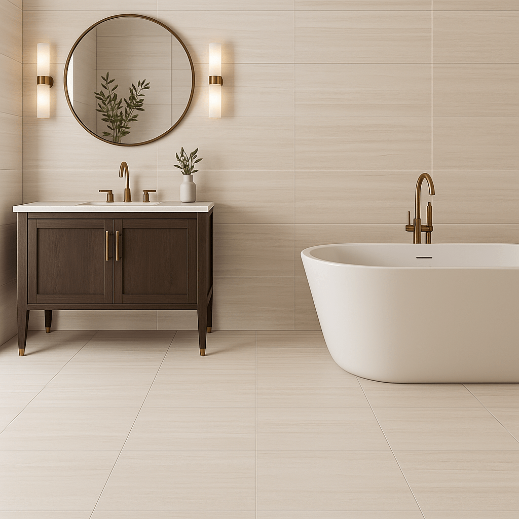 Montalcino Traverse Sand Polished Porcelain Tile - 12 x 24, Stone Look, Waterproof