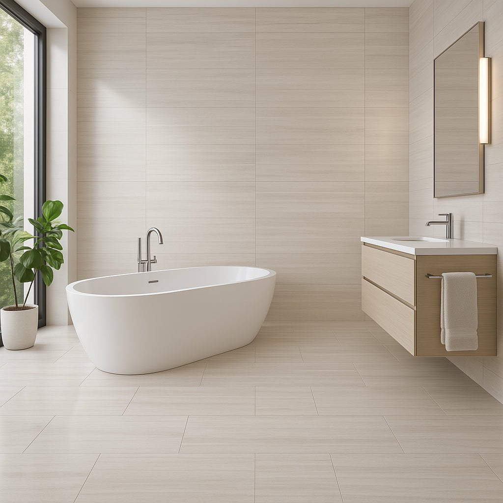Montalcino Traverse Sand Polished Porcelain Tile - 12 x 24, Stone Look, Waterproof