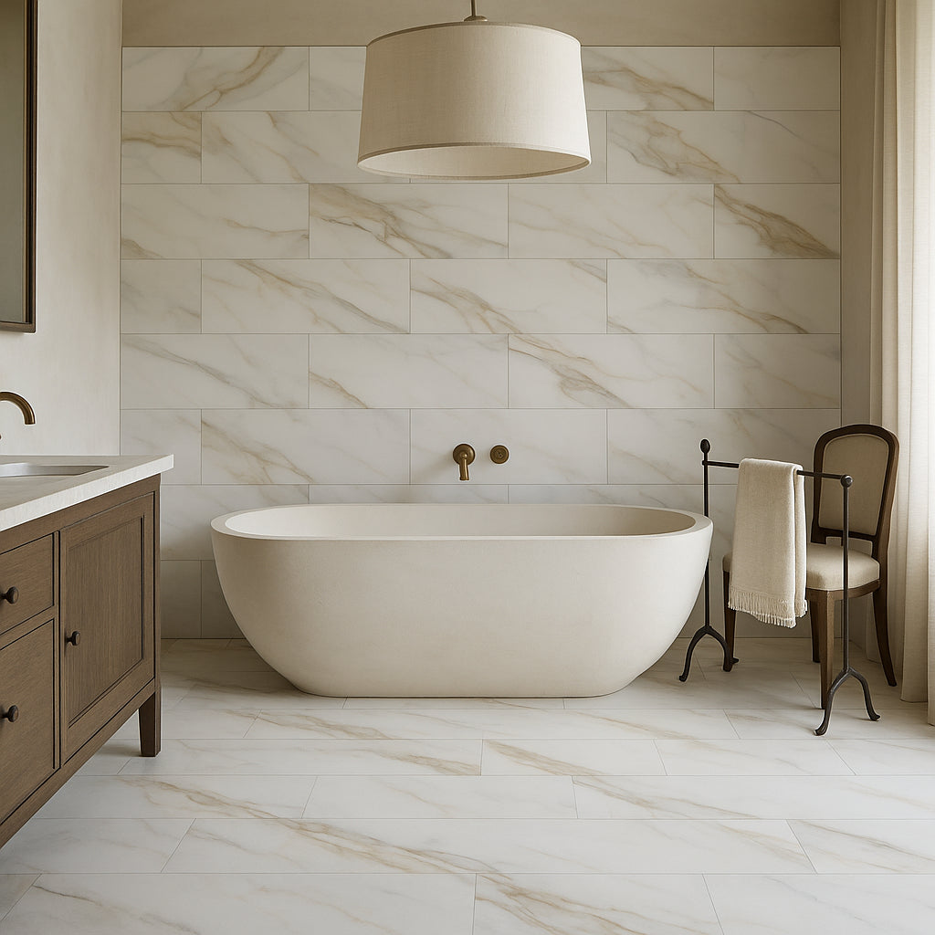 Montalcino Romana Bianca Porcelain Tile - 15 x 30, Matte Finish, Marble Look