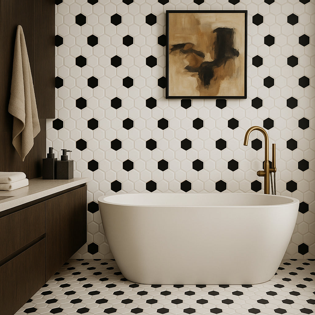 Festival White and Black Hexagon Polished Porcelain Mosaic Tile - 11 x 12