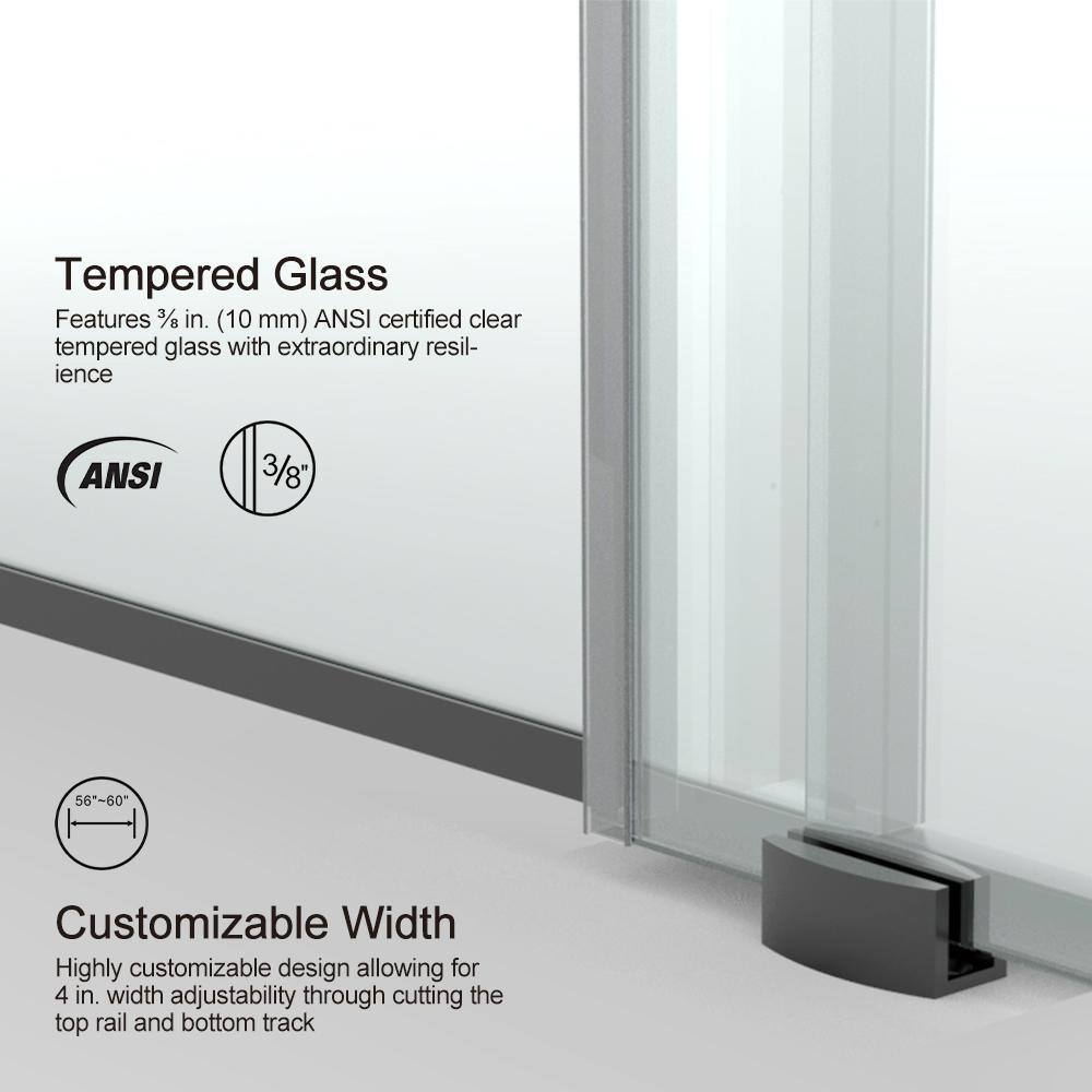 Unbranded 60 in. W x 76 in. H Sliding Frameless Shower Door in Matte Black Finish with Clear Glass