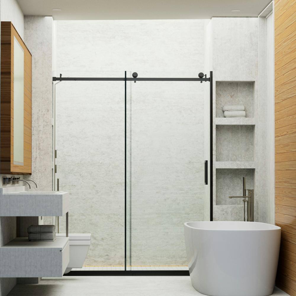 Unbranded 60 in. W x 76 in. H Sliding Frameless Shower Door in Matte Black Finish with Clear Glass