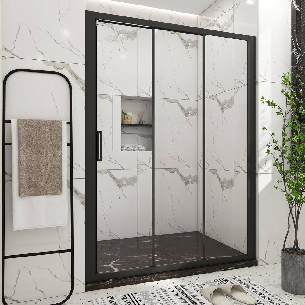 60 in. W x 70 in. H Sliding Semi-Frameless Shower Door in Matte Black Finish with Clear Glass