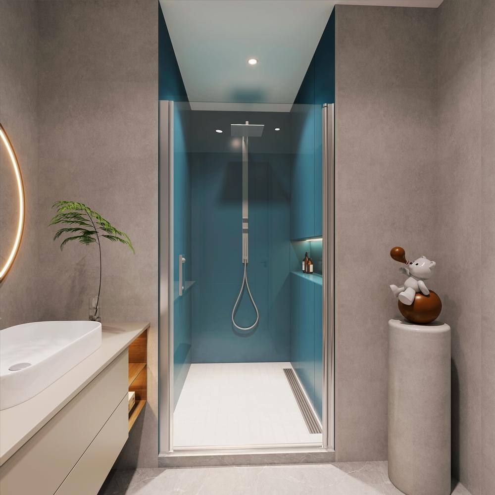 Unbranded 24 in. W x 72 in. H Pivot Semi-Frameless Shower Door in Chrome Finish with Clear Tempered Glass