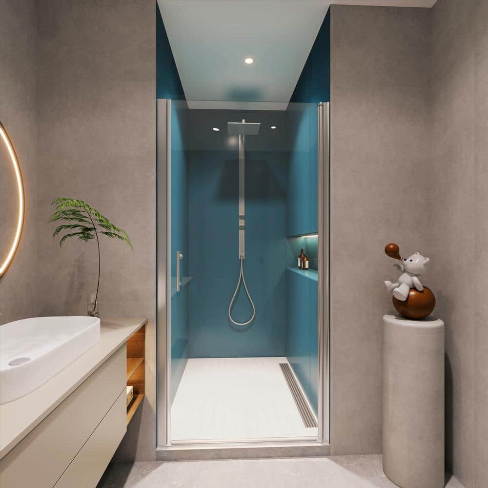 Unbranded 24 in. W x 72 in. H Pivot Semi-Frameless Shower Door in Chrome Finish with Clear Tempered Glass