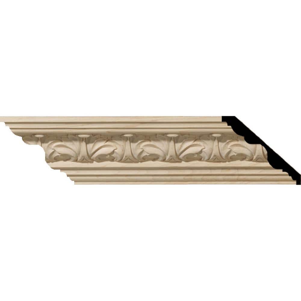 Ekena Millwork 5 in. x 94-1/2 in. x 4-1/2 in. Unfinished Wood Alder Acanthus Leaf Carved Crown Moulding