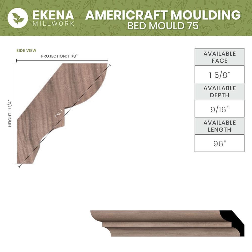 Ekena Millwork WM75 0.56 in. D x 1.63 in. W x 96 in. L Wood Alder Crown Moulding