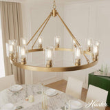 Hunter Hartland 12-Light Alturas Gold Wagon Wheel Chandelier with Clear Seeded Glass Shades
