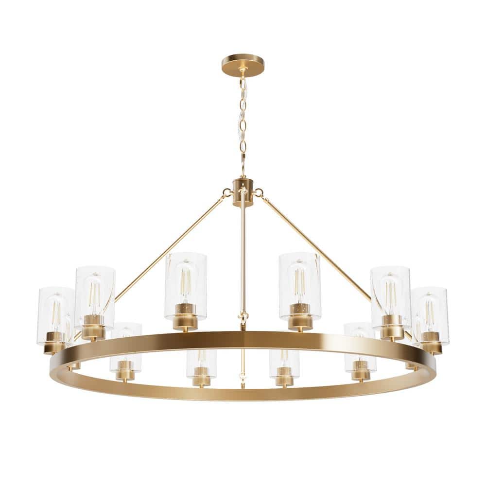 Hunter Hartland 12-Light Alturas Gold Wagon Wheel Chandelier with Clear Seeded Glass Shades