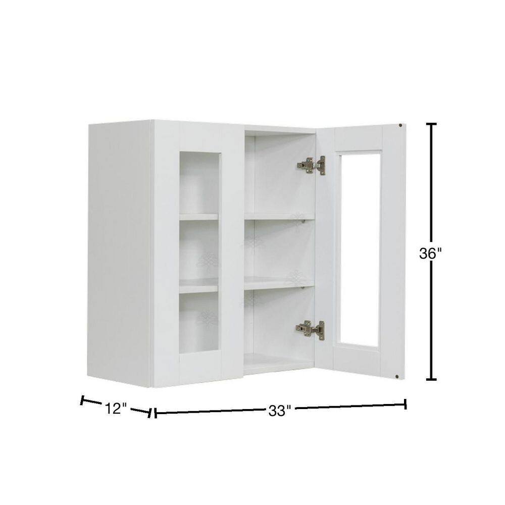 LIFEART CABINETRY Anchester White Plywood Glass Door Stock Assembled Wall Kitchen Cabinet (33 in. W x 36 in. H x 12 in. D)