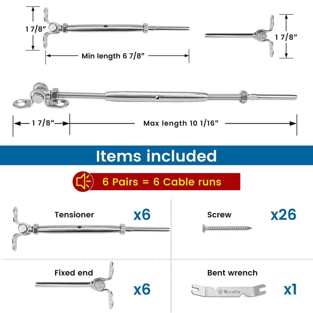 Angel Sar 6 Pairs 180° Adjustable Stainless Steel Cable Railing Kit, 1/8 in. Swage Toggle Turnbuckle Hardware