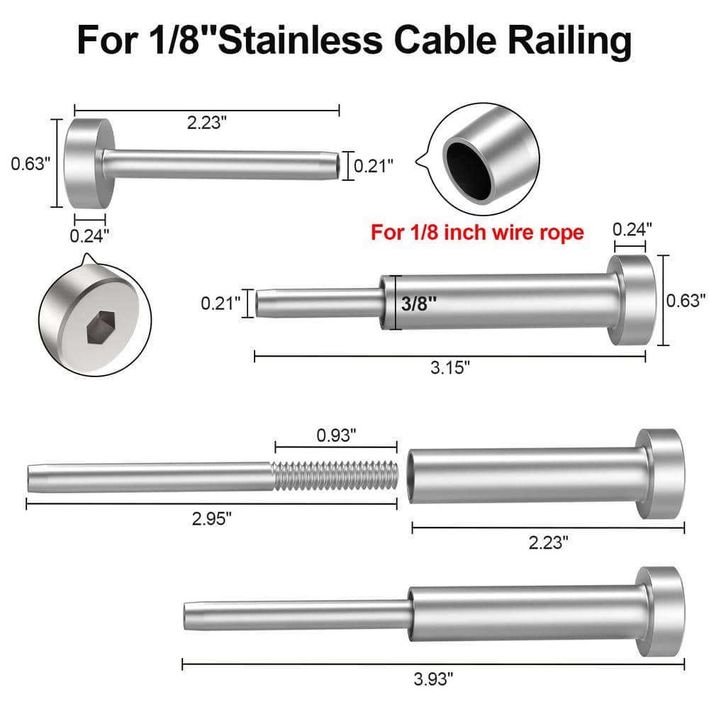 Angel Sar 10 Pairs Invisible Cable Railing kit, 1/8" Invisible Receiver & Swage Stud End for 2 x 2, 4" x 4" Wood/Metal Posts