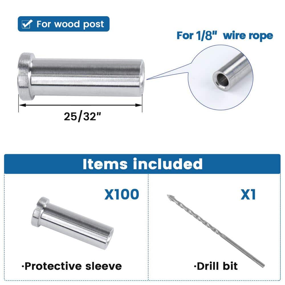 Angel Sar 100-Piece T316 Stainless Steel Cable Railing Sleeves, Protective Cover for 1/8 in. Wire Rope, Wood Posts