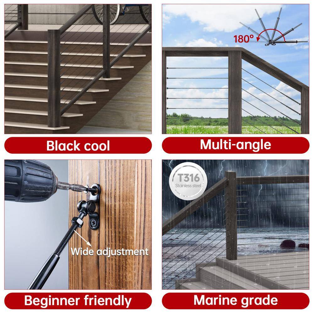 Angel Sar 20-Pair Black Cable Railing Kit with 1/8 in. Swage Toggle Turnbuckles, T316 SS, WoodEasy System, 180° Adjustable