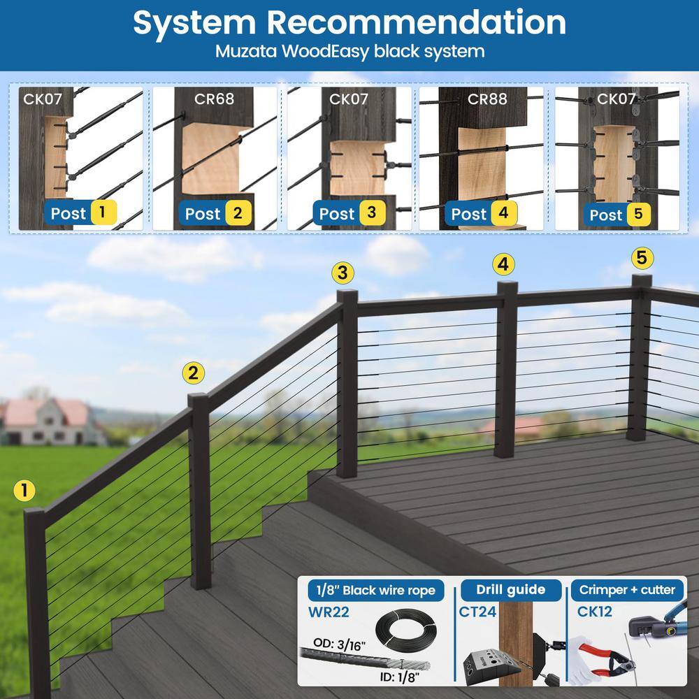 Angel Sar 20-Pair Black Cable Railing Kit with 1/8 in. Swage Toggle Turnbuckles, T316 SS, WoodEasy System, 180° Adjustable