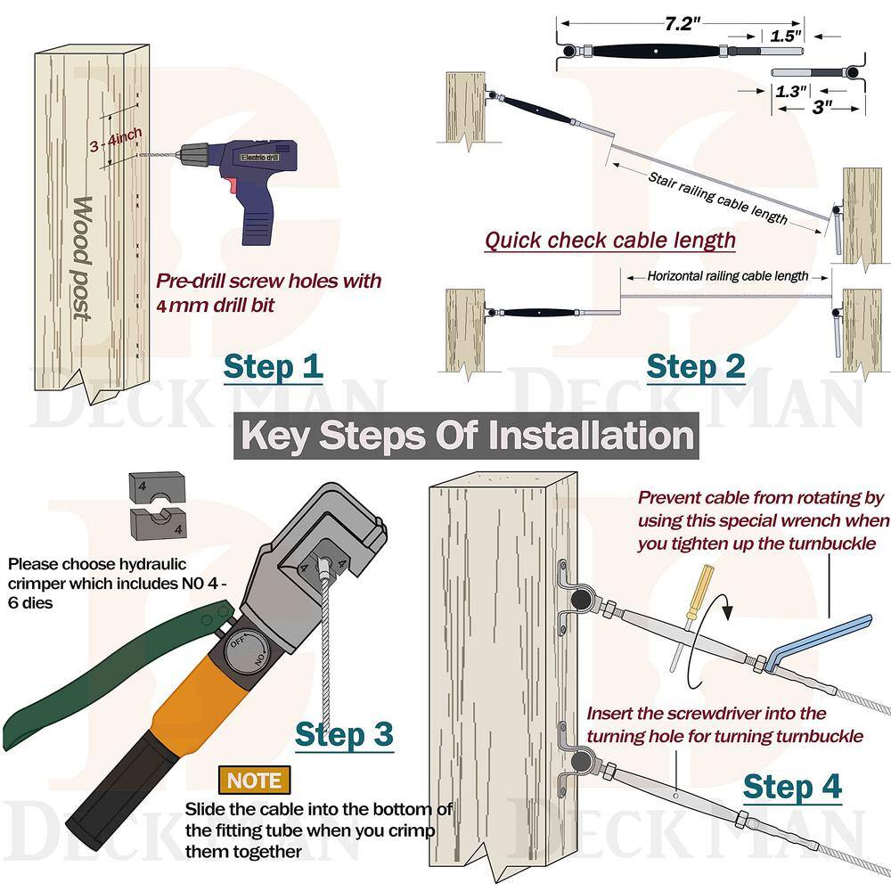 Angel Sar 10-Pairs T316 180° 1/8 in. Swage Toggle Turnbuckle Hardware, Cable Railing Kit for Wood Post Wire Rope, Marine Grade