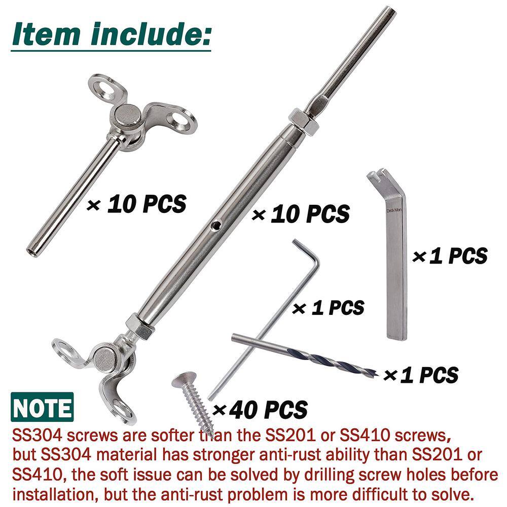 Angel Sar 10-Pairs T316 180° 1/8 in. Swage Toggle Turnbuckle Hardware, Cable Railing Kit for Wood Post Wire Rope, Marine Grade