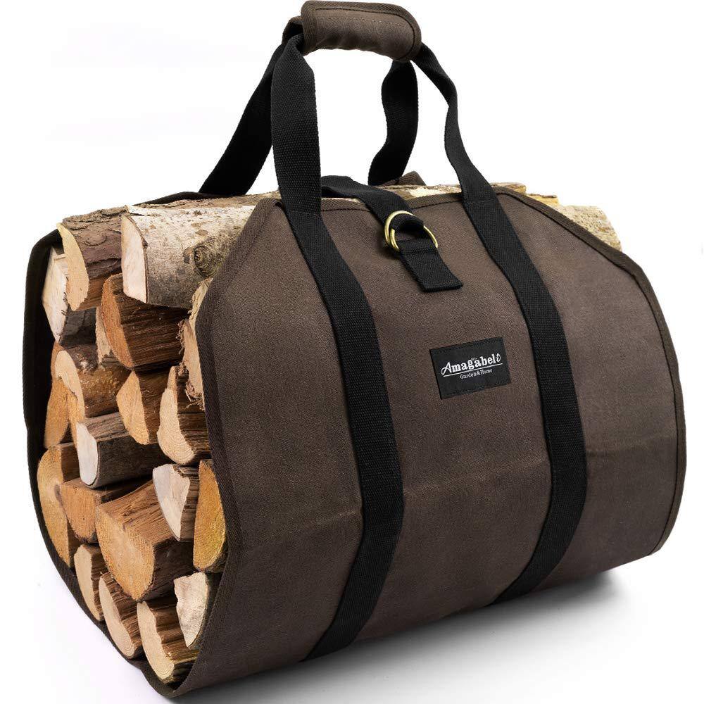 Angel Sar Dark Brown Waxed Canvas Firewood Carrier Bag - Large Log Tote for Indoor/Outdoor Use