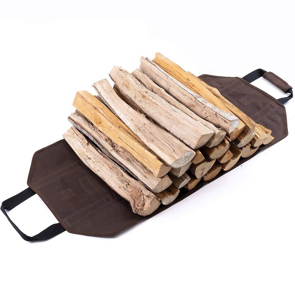 Angel Sar Dark Brown Waxed Canvas Firewood Carrier Bag - Large Log Tote for Indoor/Outdoor Use