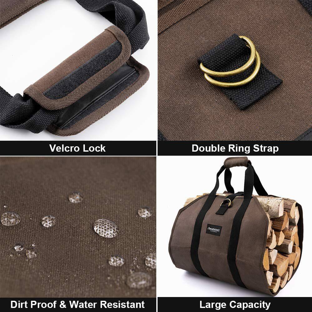 Angel Sar Dark Brown Waxed Canvas Firewood Carrier Bag - Large Log Tote for Indoor/Outdoor Use