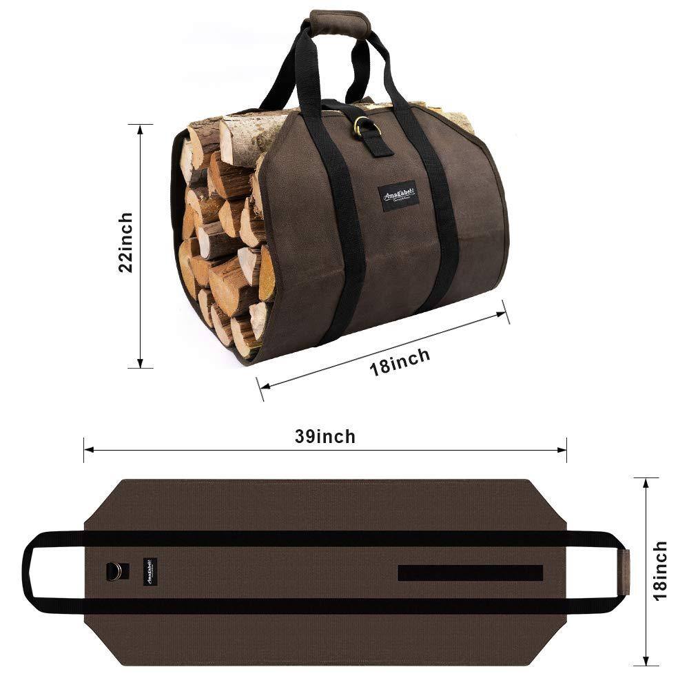 Angel Sar Dark Brown Waxed Canvas Firewood Carrier Bag - Large Log Tote for Indoor/Outdoor Use